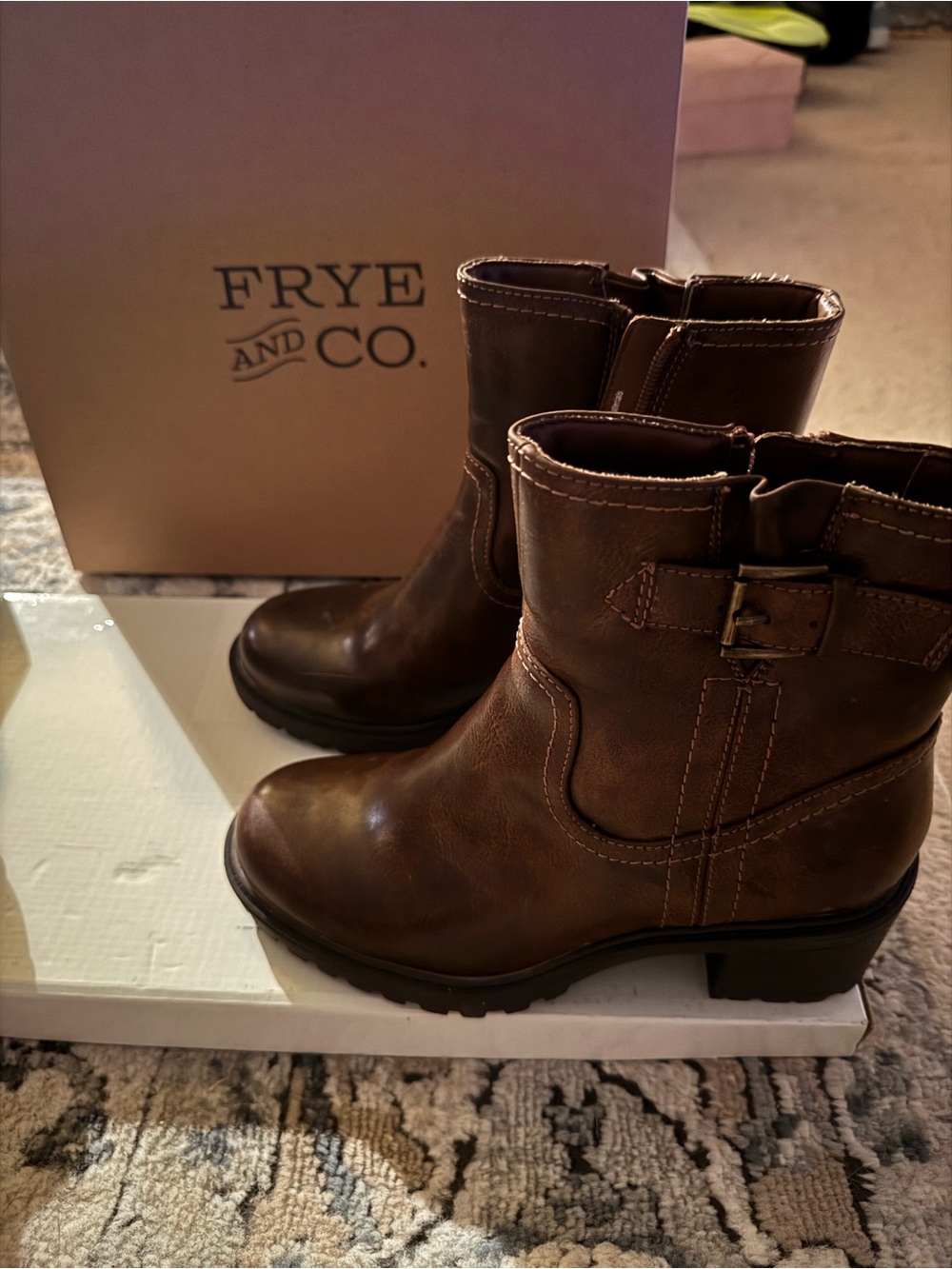 FRYE AND CO. Dark Brown Leather Moto Ankle Boots with Buckle